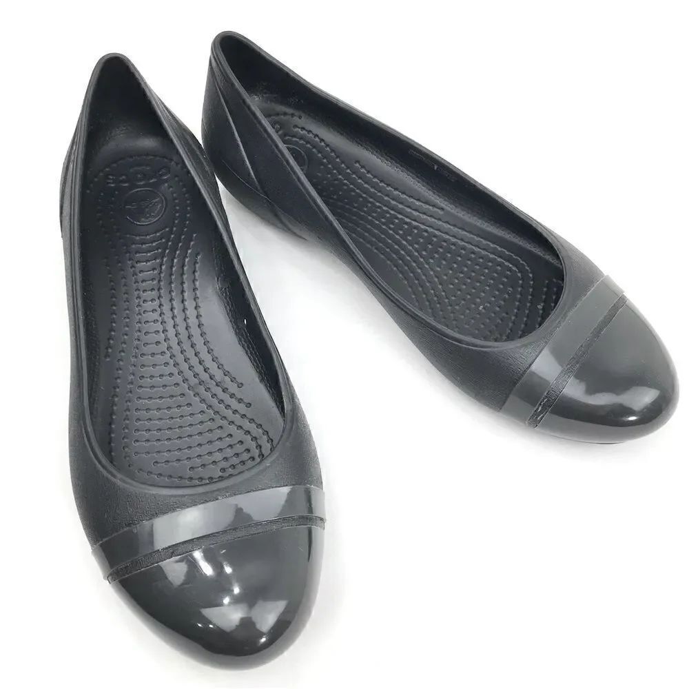 CROCS Gianna Alice Black Flexible Patent Cap Toe Rubber Ballet Flats